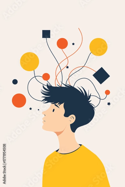 Fototapeta Modern vector illustration of a young person with abstract shapes emerging from the head, symbolizing creativity, imagination, thoughts, learning, and mental growth.