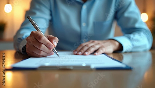 Fototapeta Man signs document with pen on office desk. Focus on hand, paperwork suggests deception falsified information. Image represents job application fraud, dishonest credentials in corporate setting.