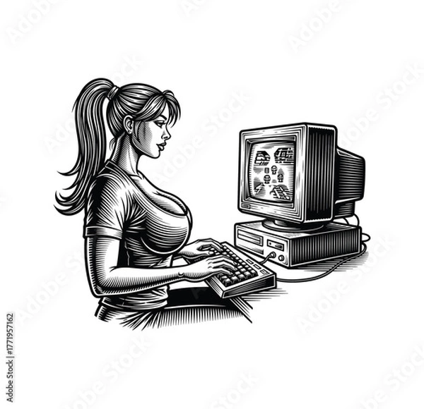 Fototapeta Retro Gamer Girl Using Vintage Computer – Engraved Style Illustration