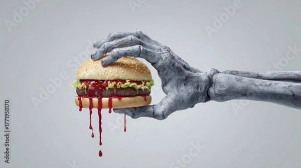 Obraz Creepy gray zombie hand with pizza slice, horror snack illustration.