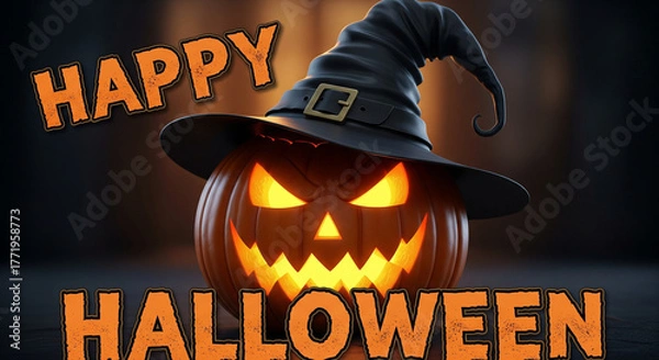 Fototapeta Happy Halloween Glowing Pumpkin Jack-o'-Lantern Wearing a Witch Hat