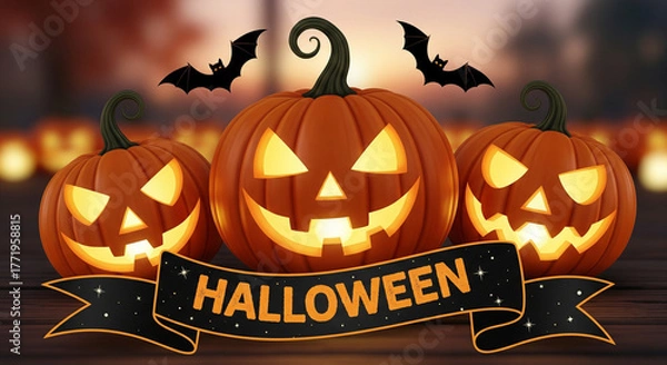 Fototapeta Happy Halloween Banner with Three Glowing Jack-o'-Lanterns and Spooky Bats