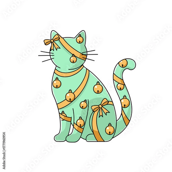 Obraz Cartoon cat with ribbons and bells in mint green color  