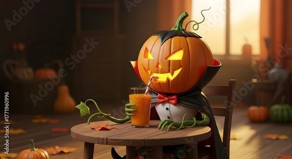 Fototapeta Pumpkin character wearing a cape and drinking juice on Halloween  
