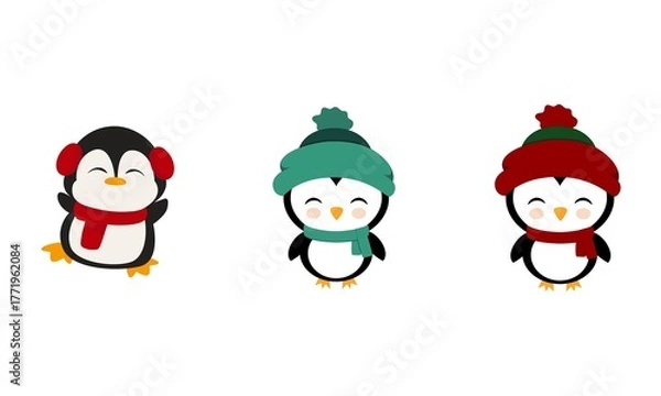 Fototapeta Adorable Winter Penguins Icon Set Isolated on White Background Illustration Vector 300 DPI. Cute penguins  in winter outfits clip art, perfect for kids decor, holiday cards, and prints.