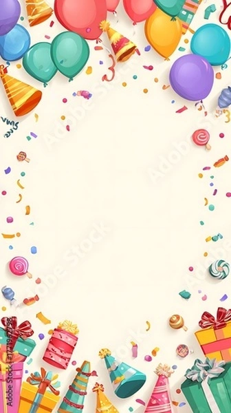 Fototapeta High quality image of colorful party background with balloons, confetti, gifts, and party hats.