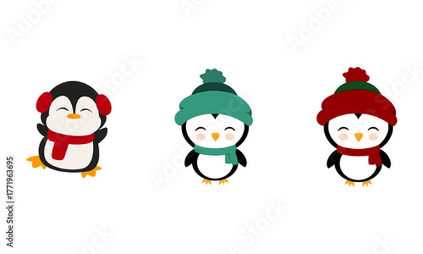 Fototapeta Adorable Winter Penguins Icon Set Isolated on White Background Illustration Vector 300 DPI. Cute penguins in winter outfits clip art, perfect for kids decor, holiday cards, and prints.