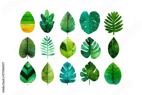 Fototapeta Collection of diverse green tropical leaves with translucent textures in organic arrangement isolated on transparent background