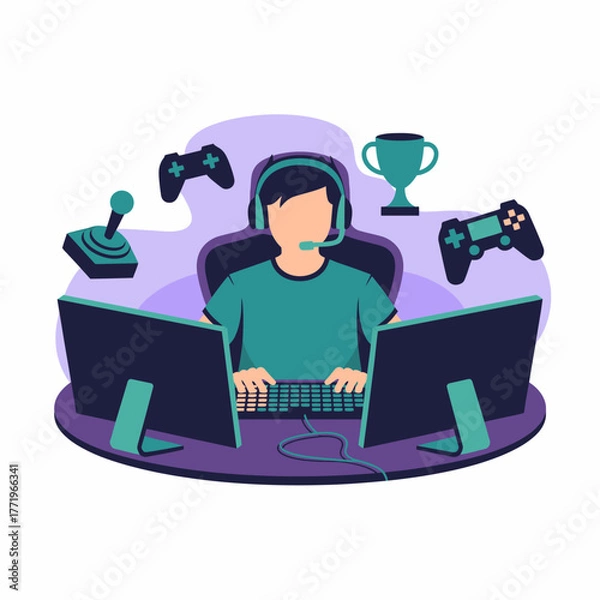 Fototapeta Gamer playing video games on computer with multiple monitors and controllers