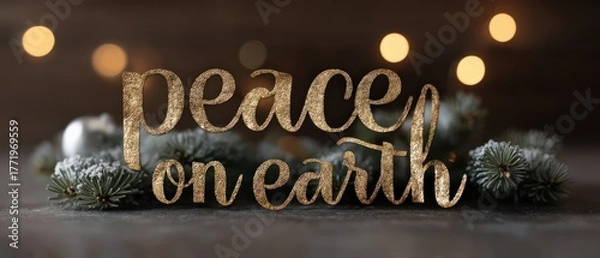 Fototapeta Golden Peace on Earth Holiday Message with Festive Christmas Tree Branch and Bokeh Lights for a Warm and Joyful Seasons Greetings
