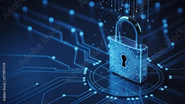 Obraz Padlock on a circuit board representing cybersecurity and data protection for technology and business applications