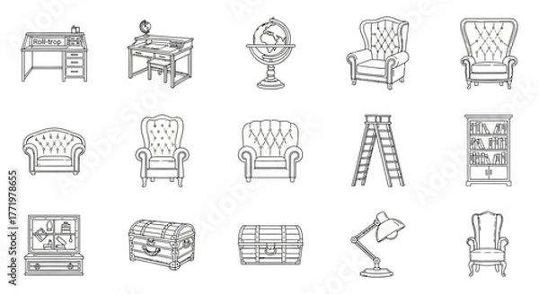 Fototapeta antique furniture icons roll-top desk armchairs globe  chest. sketch drawing illustrations collection set ideal for vintage design projects.