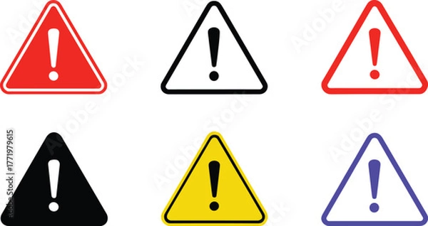 Fototapeta Colorful warning signs, triangle alert icons, exclamation mark symbols, safety vector illustration, caution clipart, hazard indicators, alert design, signage concept