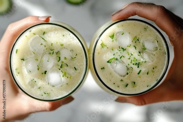 Fototapeta Overhead view of two hands holding glasses of a creamy green beverage with ice cubes and fresh herb garnish.