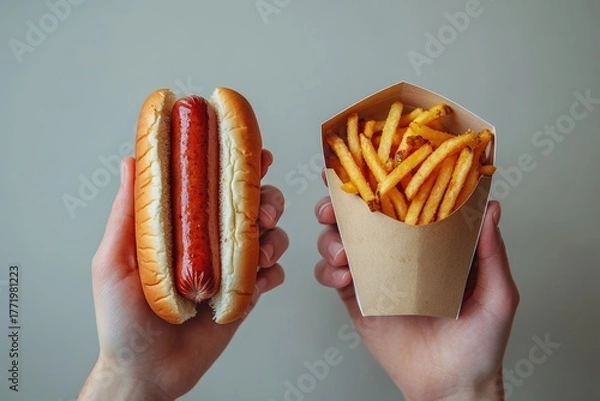 Obraz Two hands holding a classic hot dog in a bun and a cone of golden french fries, representing popular fast food choices.