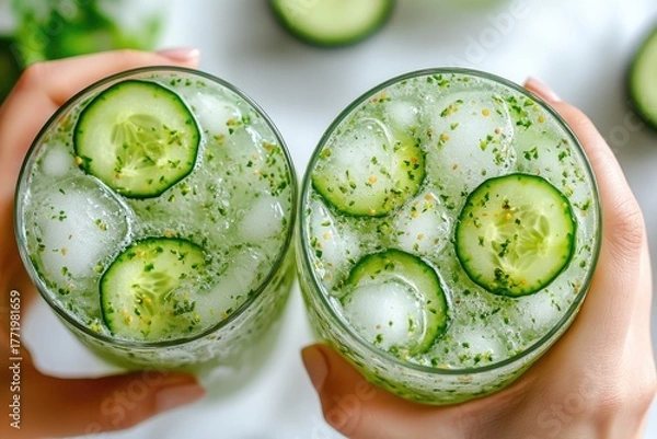 Fototapeta Refreshing cucumber and mint iced drinks, garnished with fresh cucumber slices and herbs, held in hands, perfect for summer hydration.