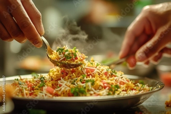 Obraz Hands serve steaming, vibrant Indian rice. Garnished with fresh herbs, tomatoes, and crispy toppings, this aromatic biryani or pulao looks delicious.