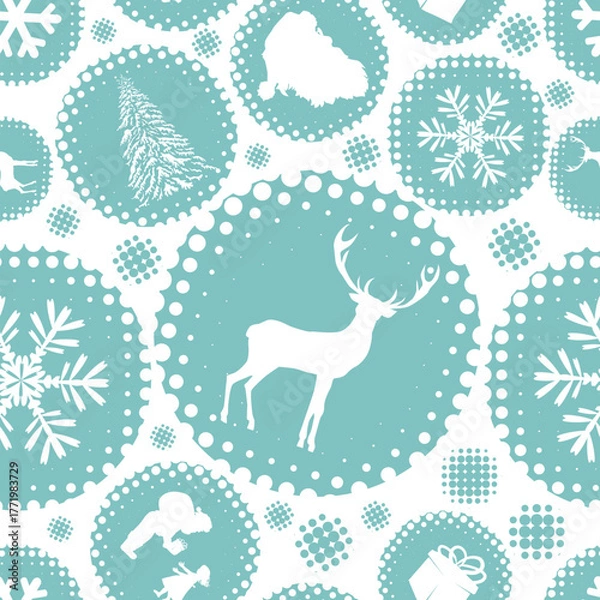 Fototapeta Seamless Christmas background with snowflakes, branches and deer. Not AI. Vector illustration