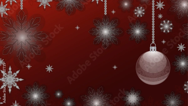Fototapeta Luxurious red holiday background with glowing silver snowflakes and a shiny Christmas bauble. Perfect for festive greeting cards, invitations, banners, winter sales, and elegant New Year designs.