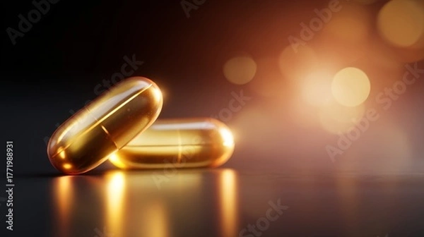 Fototapeta Shiny golden capsules shine on a dark reflective surface. The warm glow creates an inviting atmosphere. Perfect for health and wellness themes. Explore the beauty of supplements. AI