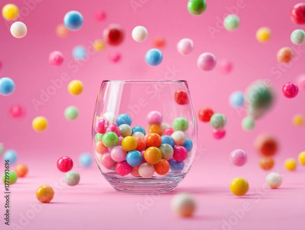Fototapeta Colorful candy balls filling a clear glass on a pink background creating a vibrant scene of joy and sweetness