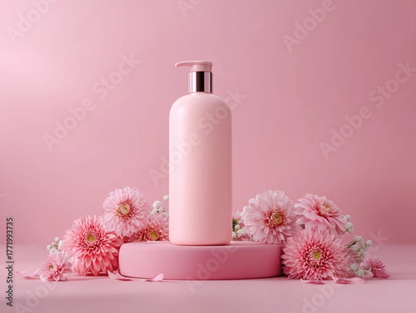 Fototapeta Elegant pink bottle surrounded by lush flowers on a soft pink background for skincare product display