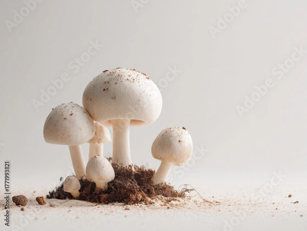 Fototapeta Mushrooms grow in soil, showcasing their unique shapes and textures in a natural setting