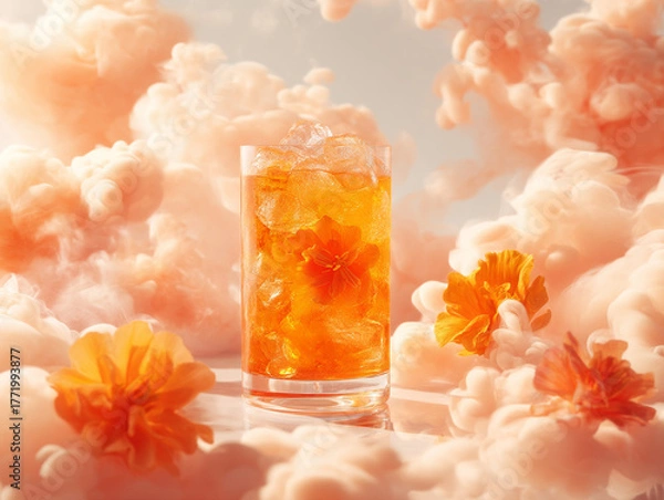 Fototapeta Refreshing drink surrounded by colorful flowers and soft clouds creates a dreamy summer vibe