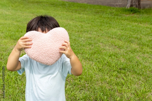 Obraz ハートのクッションを持って草原に立つ男の子（2歳、日本人、顔無し）