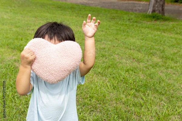 Obraz ハートのクッションを持って草原に立つ男の子（2歳、日本人、顔無し）