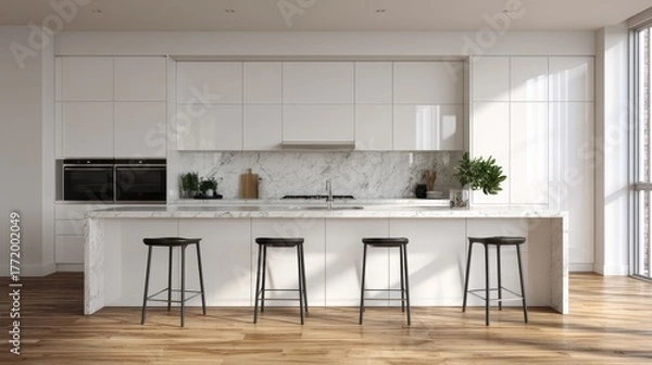Obraz Modern minimalist kitchen with sleek white cabinets and marble countertop, spacious design, natural light, contemporary style, clean lines, and elegant simplicity with copy space on the right side