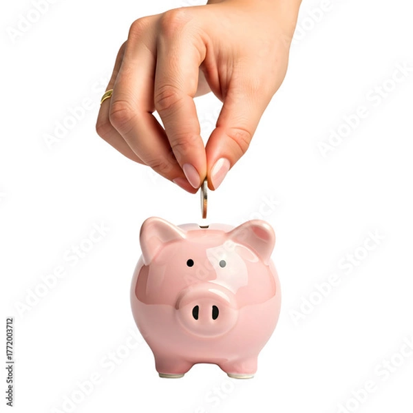 Fototapeta A hand places a coin into a pink piggy bank. The piggy bank has a glossy finish and a classic design. The background is transparent, emphasizing the action of saving money.