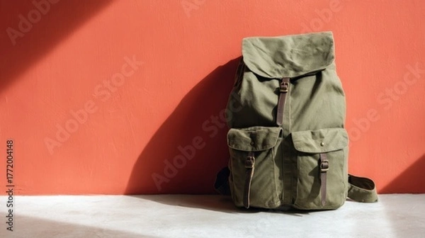 Fototapeta Vibrant coral background with olive green travel backpack filled with stationery, high angle wide shot, bright textured surface, modern and stylish design, copy space for customization