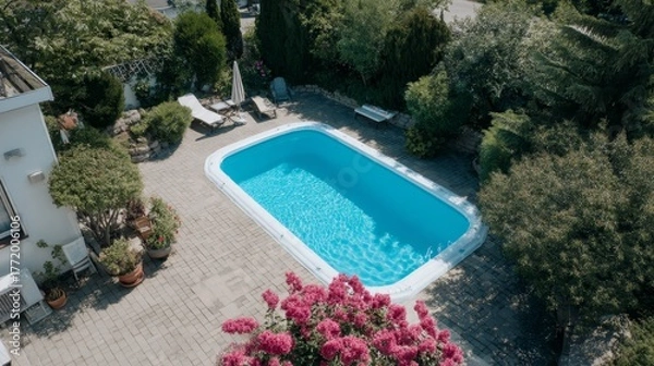 Obraz Bright blue inflatable pool in sunny backyard surrounded by lush green bushes pink flowers and brick walkway