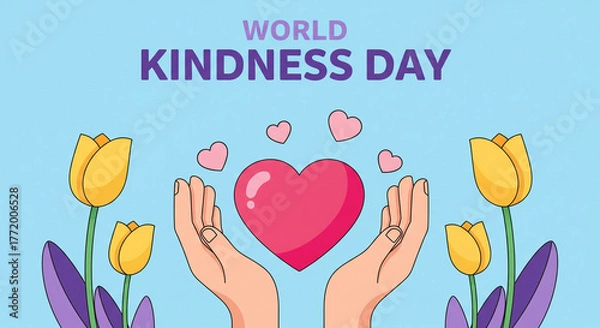 Fototapeta Celebrate World Kindness Day with a vibrant heart and blooming tulips, spreading love and compassion with open hands and gentle care