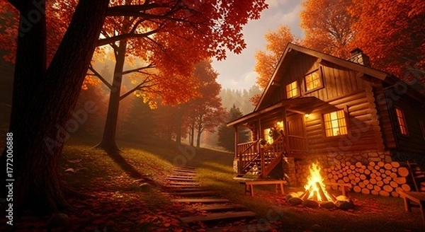 Fototapeta Cozy Log Cabin in Autumn Forest with Firepit Warm Lighting and Vibrant Orange Trees