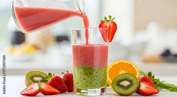 Fototapeta Colorful Fruit Smoothie in Tall Glass with Fresh Strawberries Kiwi and Orange Slices in Bright Kitchen