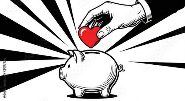 Fototapeta Generous hand places vibrant red heart into piggy bank, symbolizing financial support for causes or loved ones with radiating black and white abstract background