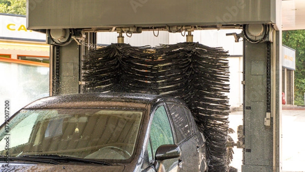 Obraz Front view of a dark car inside an automatic car wash. The large side brushes and the upper brush of the machine are visible, ready to clean the vehicle.