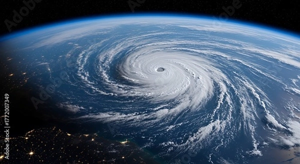 Fototapeta Hurricane Over Earth Seen From Space with Bright City Lights and Dark Atmosphere