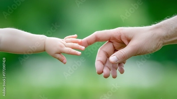 Fototapeta Adult and baby hands touching softly symbolizing care, love, emotional connection and human tenderness in natural outdoor environment, Generative AI