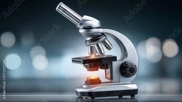 Fototapeta Microscope illuminated under blue laboratory light symbolizing night research, modern science and innovative optical technology exploration, Generative AI
