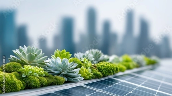 Fototapeta Succulent plants growing beside solar panels on rooftop with city skyline background symbolizing eco design and sustainable green energy, Generative AI