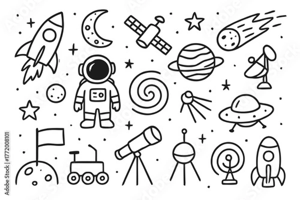 Fototapeta Cosmic Exploration Icons. Cosmic exploration. Hand-drawn doodle illustration rocket, astronaut, satellite, planet, star, telescope, galaxy swirl, space probe,
