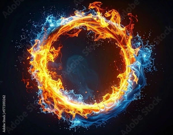 Fototapeta 暗い背景に浮かぶ炎と水の輪と風
