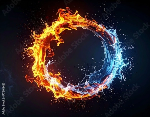 Fototapeta 暗い背景に浮かぶ炎と水の輪と風

