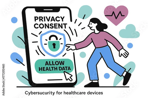 Fototapeta Healthcare Data Consent. Cybersecurity for healthcare devices ? Privacy consent screen. A user taps ?ALLOW HEALTH DATA? on a stylized phone while a digital
