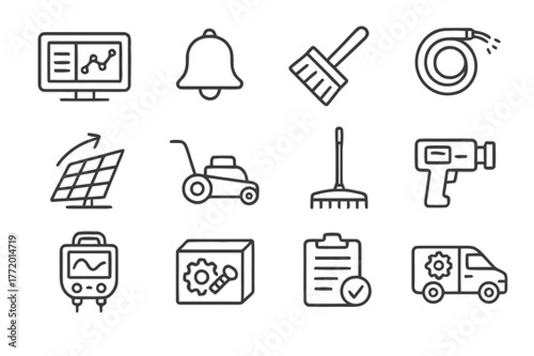 Fototapeta Operations Icon Set. Operations and maintenance. Line icon set of operations and maintenance: monitoring dashboard, alert bell, cleaning brush, water hose,