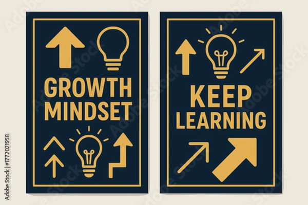 Obraz Growth Mindset Banners. Growth mindset. Two vertical A6 banners with safe margins, centered composition, no elements touching edges, bold, navy and gold,