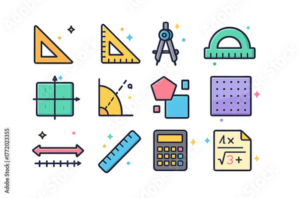 Fototapeta Colorful Geometry Icons. Geometry class. Colorful isometric vector icons set of Geometry class: right triangle, set square, compass, protractor, coordinate